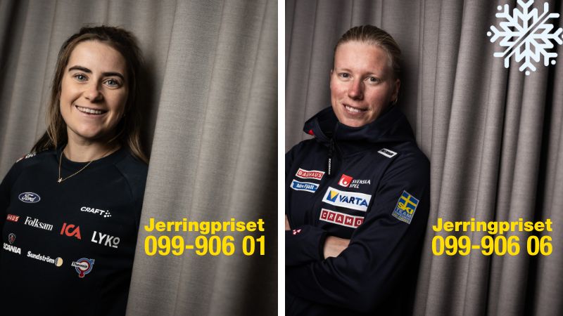 Porträttbilder på Ebba Andersson och Sandra Näslund och telefonnummer för röstning. Foto: Bildbyrån.